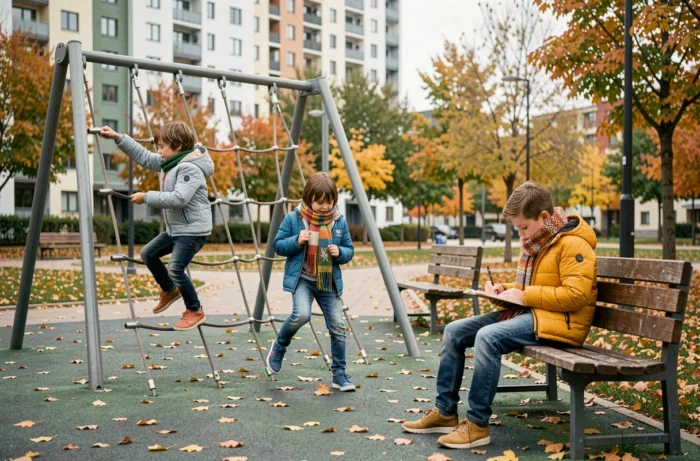 Enfants jouant librement dans un parc urbain en automne avec des activités variées et spontanées