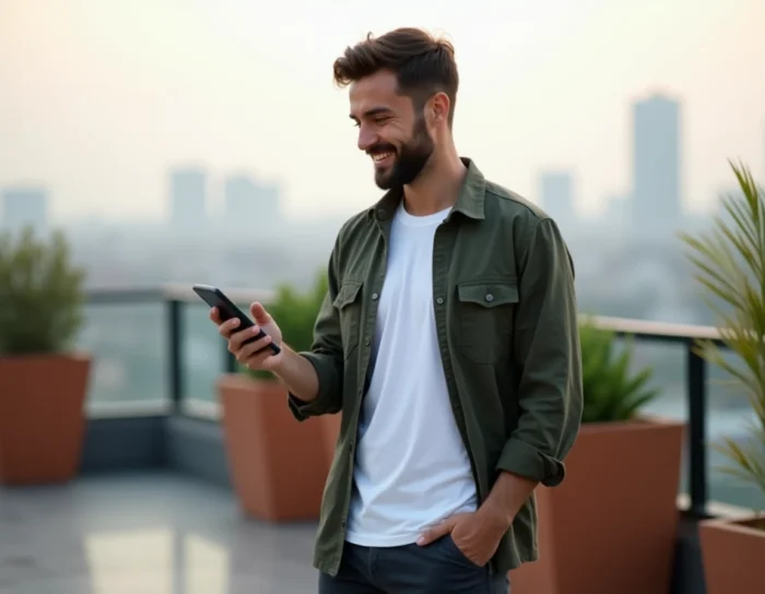 Entrepreneur consultant son application de gestion des réseaux sociaux sur smartphone depuis une terrasse urbaine