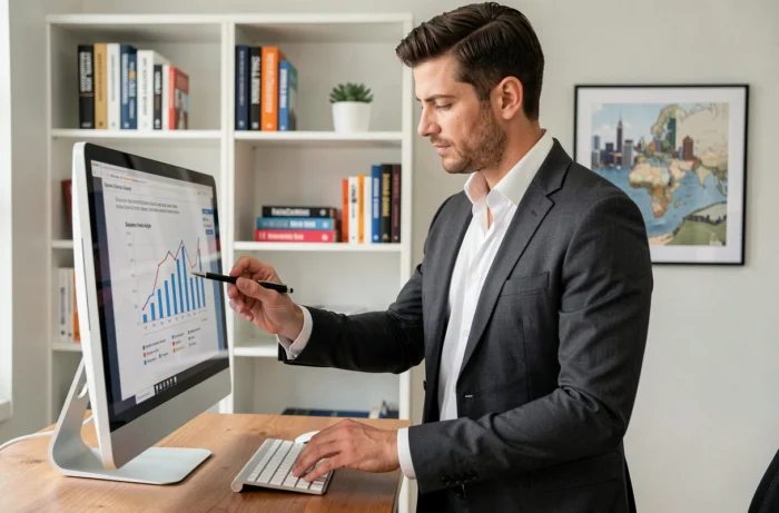 Entrepreneur masculin analysant un plan de croissance commerciale dans un bureau minimaliste à domicile