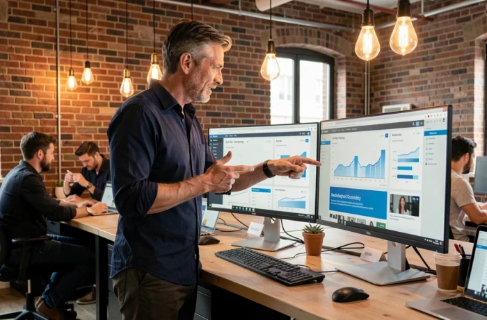 Entrepreneur en PME consultant des tableaux de bord web dans un espace de coworking