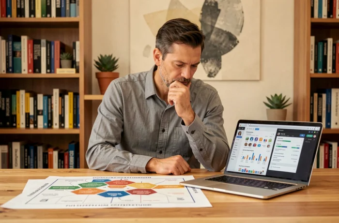 Entrepreneur travaillant seul sur une matrice de stratégie marketing dans un bureau à domicile