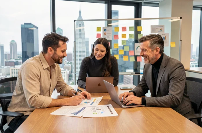 Équipe de professionnels collaborant sur une stratégie de marketing digital autour d'une table de réunion moderne