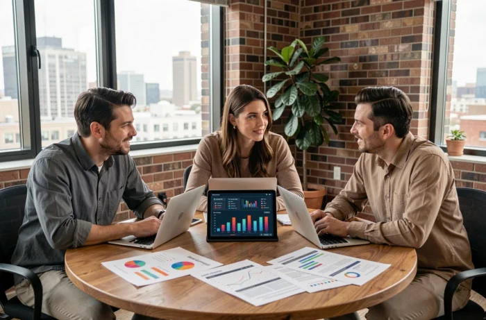 Équipe marketing en réunion autour de rapports analytiques et de tableaux de bord numériques