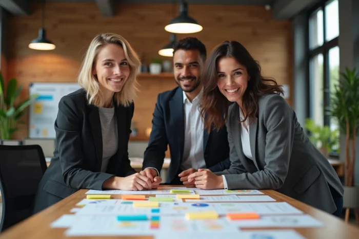 Équipe de jeunes professionnels collaborant sur les nouvelles tendances business dans un bureau startup moderne