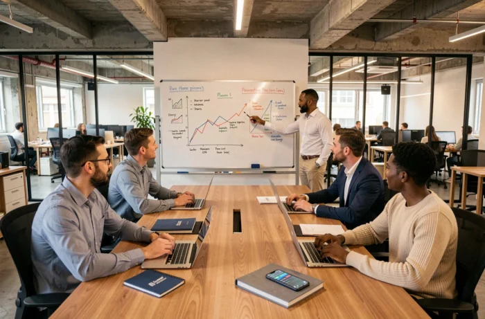 Équipe de professionnels discutant de stratégies d'investissement et de développement commercial autour d'une table de réunion