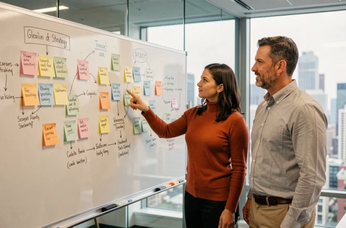Deux collègues collaborant sur une stratégie digitale 2024 devant un tableau blanc avec des tendances web et des conseils marketing