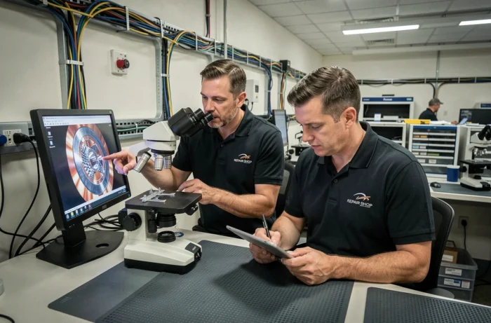Deux techniciens experts collaborant sur la réparation d'un composant de smartphone sous microscope numérique