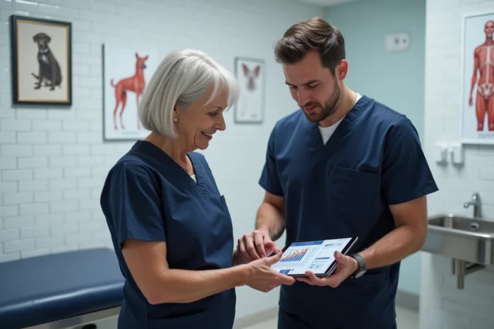 Équipe vétérinaire consultant un logiciel de gestion sur tablette dans une salle d'examen de clinique vétérinaire