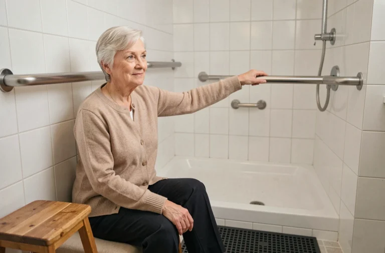 Femme senior utilisant les barres d'appui et le siège de douche adaptés dans une salle de bain sécurisée