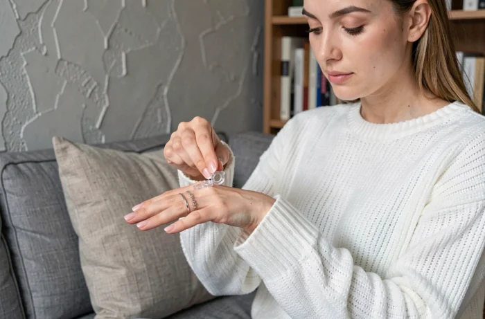 Femme essayant des tailles de bague transparentes chez elle pour trouver la bonne pointure de bague