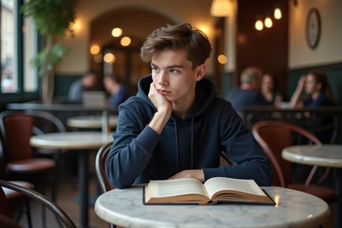 Étudiant révisant la conjugaison française sur un ordinateur portable dans un café parisien, avec un guide de grammaire ouvert posé à côté de lui