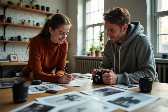 Deux étudiants en photographie analysant des planches contact et des objectifs sur une grande table en bois dans un atelier créatif
