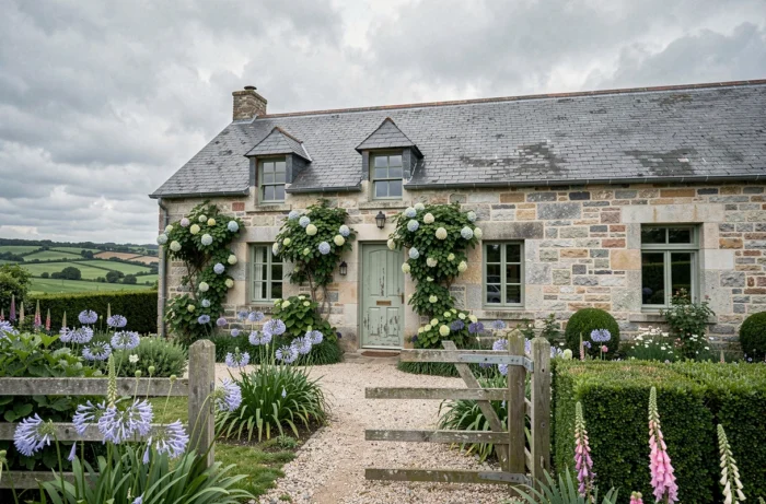 Façade en pierre d'un gîte breton traditionnel entouré d'un jardin fleuri avec bocage en arrière-plan