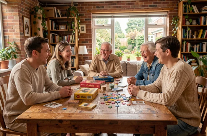 Famille multigénérationnelle jouant à des jeux de société ensemble dans un salon chaleureux et convivial