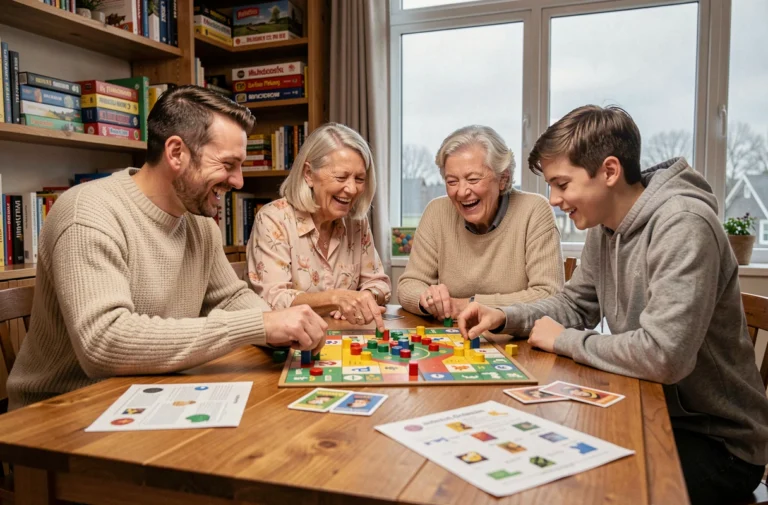 Famille multigénérationnelle réunie autour d'une table avec des jeux de société pour trouver des activités familiales