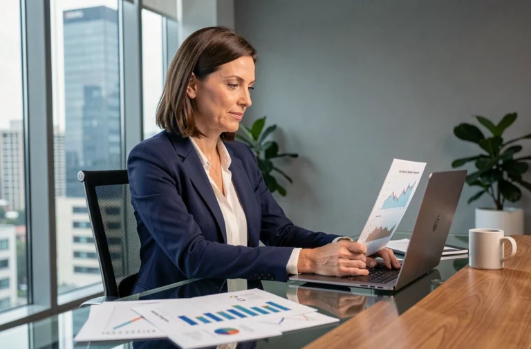 Femme d'affaires analysant des graphiques financiers dans un bureau moderne pour optimiser ses investissements