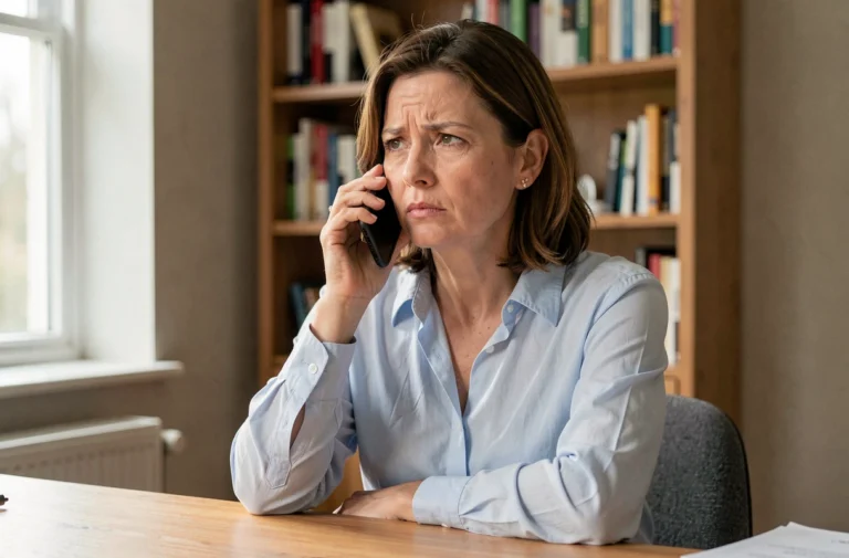Femme appelant le service client Orange 3900 depuis son bureau à domicile