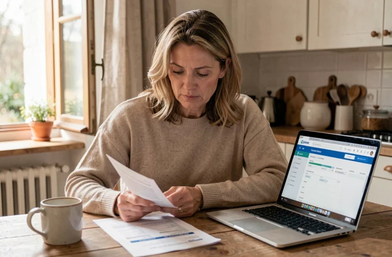 Femme consultant un relevé bancaire et des documents d'assurance IARD à la Banque Postale depuis son domicile