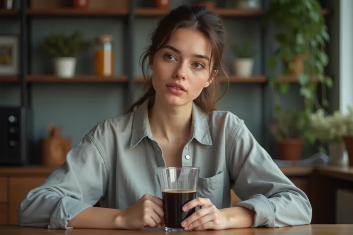Femme tenant un verre d'eau au charbon actif noir dans une cuisine naturelle lumineuse