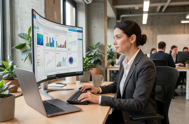 Femme professionnelle analysant des tendances digitales et des tableaux de bord web sur un grand écran dans un bureau moderne