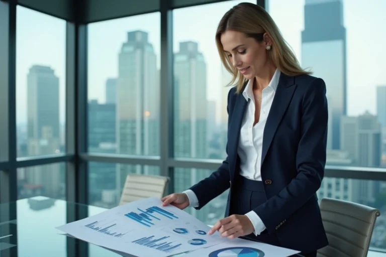 Femme cadre en blazer marine analysant des tendances business sur des graphiques dans une salle de conférence moderne