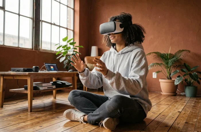 Femme portant un casque de réalité augmentée dans un loft moderne avec des plantes et des gadgets technologiques