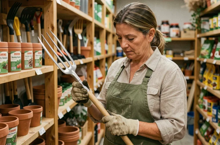Femme choisissant une fourche de jardin dans un magasin spécialisé en équipements de jardinage