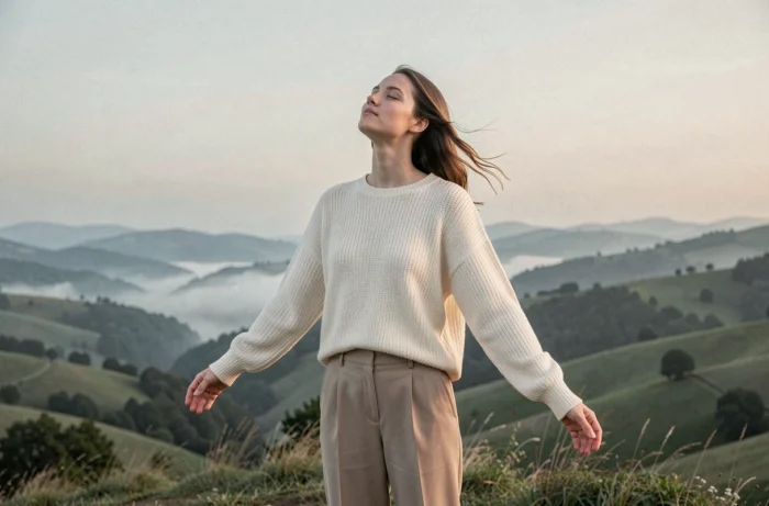 Jeune femme debout sur une colline les yeux fermés bras ouverts pratiquant la visualisation positive dans un paysage naturel brumeux
