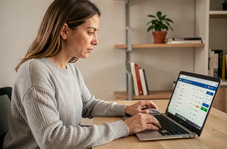 Femme consultant sa facturation Carrefour en ligne depuis un bureau à domicile sur un ordinateur portable