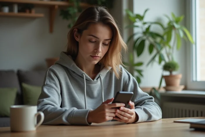Jeune femme consultant des stories Instagram sur son smartphone en toute discrétion depuis son bureau à domicile