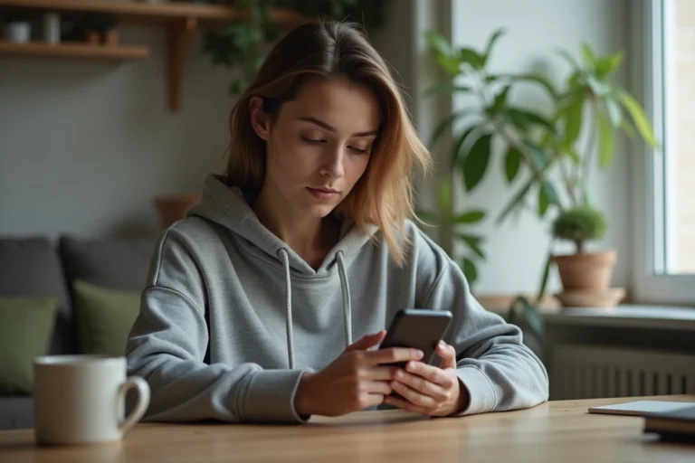 Jeune femme consultant des stories Instagram sur son smartphone en toute discrétion depuis son bureau à domicile
