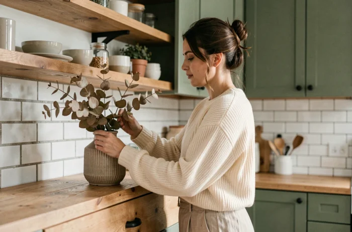 Femme arrangeant des branches d'eucalyptus dans une cuisine en bois brut et vert sauge pour une décoration intérieure tendance