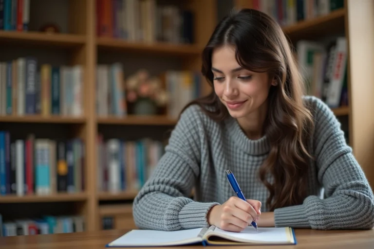 Jeune femme écrivant une règle de conjugaison française dans un cahier ouvert, assise à un bureau en bois avec des livres de grammaire en arrière-plan