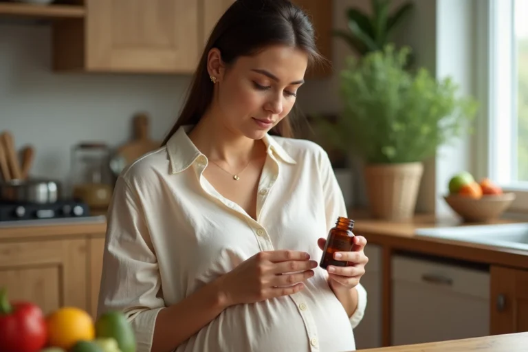 Femme enceinte lisant l'étiquette d'un flacon de propolis dans sa cuisine, illustrant les précautions à prendre pendant la grossesse