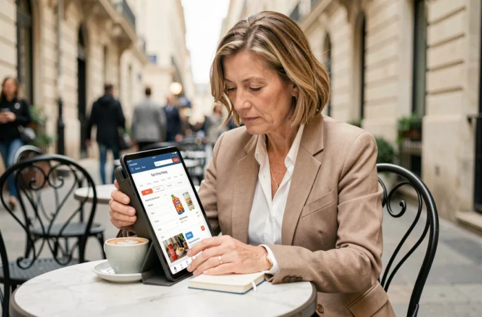 Femme accédant à sa facturation Carrefour en ligne via une tablette en terrasse de café