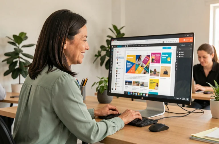 Femme utilisant Canva sur ordinateur pour créer une newsletter colorée lors d'une formation CPF en espace de coworking