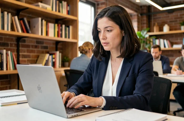 Femme professionnelle suivant une formation en ligne dans un espace de coworking moderne, illustrant le développement des compétences et la montée en carrière