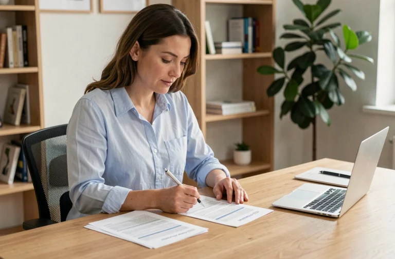 Femme consultant ses relevés bancaires dans un bureau à domicile moderne pour gérer ses finances personnelles