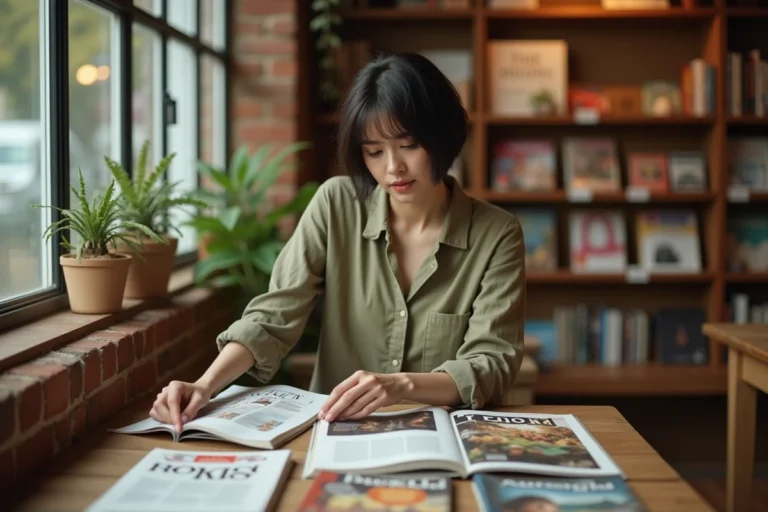 Femme parcourant les pages d'un magazine illustré dans une librairie indépendante chaleureuse