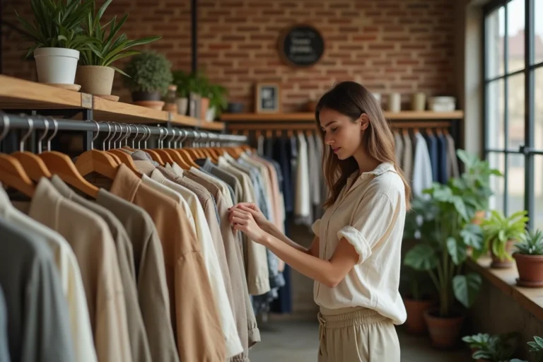 Femme consultant des vêtements vintage dans une boutique de mode durable aux murs en briques