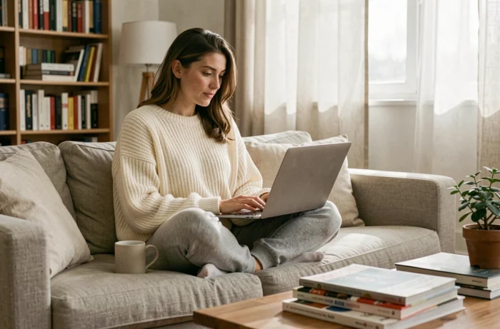 Jeune femme naviguant sur un ordinateur portable chez elle, représentant la consommation de contenu lifestyle et actualité numérique