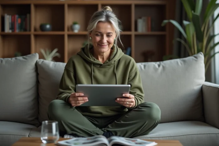 Femme consultant un forum de pêche en ligne sur une tablette dans un salon moderne et confortable