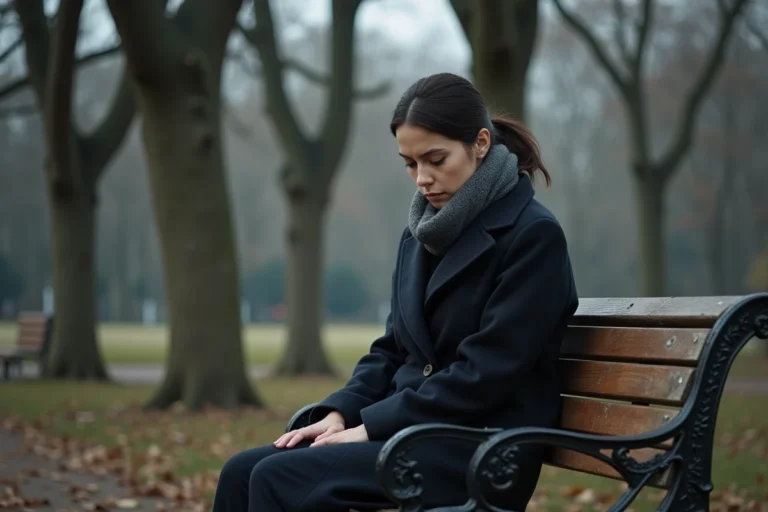 Femme seule et pensive assise sur un banc de parc, symbolisant l'isolement et le poids d'un héritage familial lourd