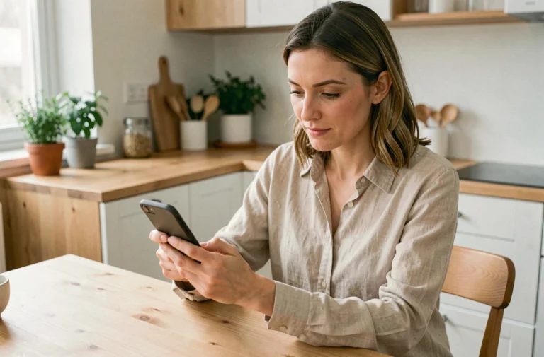 Femme consultant une application de petites annonces sur smartphone dans une cuisine moderne scandinave