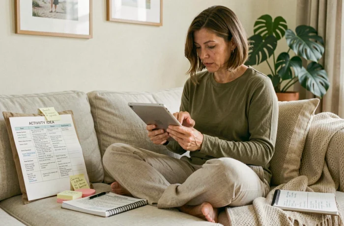 Femme cherchant des idées d'activités familiales sur une tablette entourée de notes et de listes d'activités