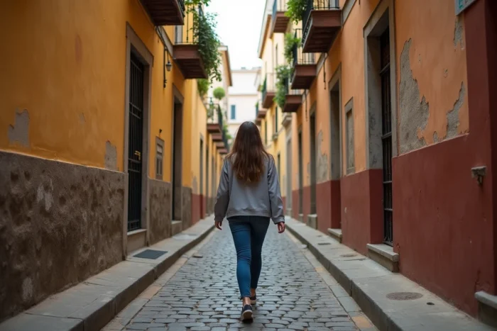 Femme de dos marchant dans une ruelle pavée d'Amérique du Sud, symbolisant la fuite et l'anonymat recherchés par la fille de Pablo Escobar