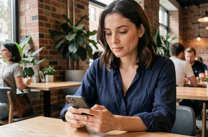 Femme connectée consultant son smartphone dans un café moderne, illustrant l'actualité tech et lifestyle