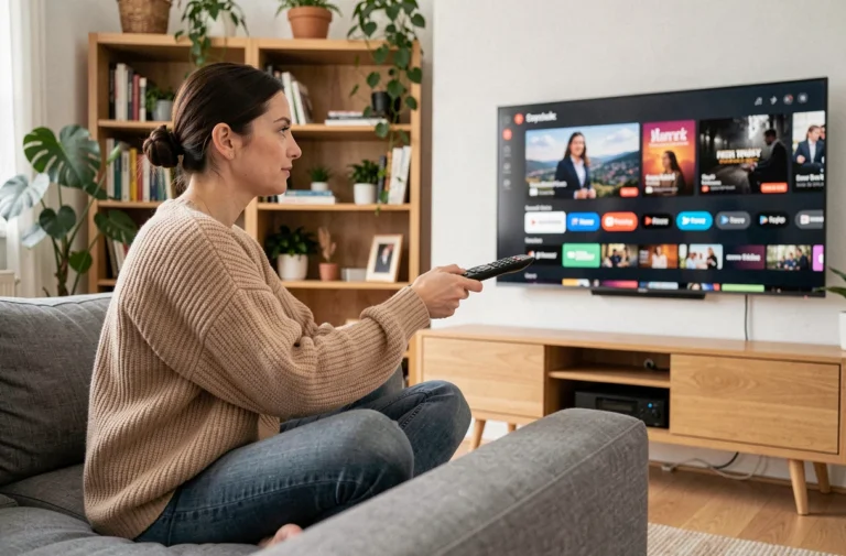 Femme en pull beige regardant des séries en streaming sur sa télévision dans un salon moderne