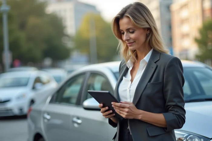 Femme consultant une tablette pour choisir son assurance auto près de sa voiture