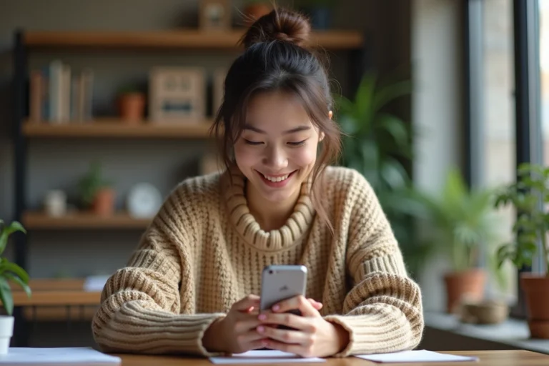 Jeune femme consultant les tendances des réseaux sociaux sur son smartphone dans un appartement moderne